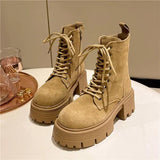 Boots Rock Shoes Woman Round Toe Lace Up Plush Winter Footwear Boots-Women Med Lolita Fur 2023 Autumn Ankle Solid Rome