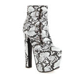 Women Ankle Boots Sexy Clube Four Seasons Snakeskin Print Booties Bat Belts Decorate PU Leather Chunky High Heel Platform