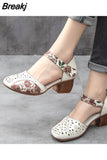 new style Women Genuine Leather Shoes Sandals High Heel Summer Cool Beach Hollow Flowers shoes Female luxury sandals