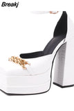 Stone Pattern Women Pumps Big Size Double Platform Shoes For Women Fashion Chain Buckle Strap Square Toe Chunky Heel