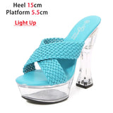 Light Up Transparent High Heels 15CM Square Heel Summer Sandals Women's Platform Luminous Shoes Club Fashion Weave
