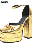 Stone Pattern Women Pumps Big Size Double Platform Shoes For Women Fashion Chain Buckle Strap Square Toe Chunky Heel