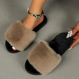 Autumn Winter Faux Fur Slippers Women Home Non Slip Fluffy Flat Slides Woman Outdoor Soft Sole Plush Sandals
