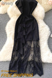 Women Sexy Black Strapless Sleeveless Party Dress Summer Fashion Slim High Waist Ruffles Mesh Lace Patchwork Midi Club