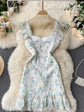Style Dress Women 2023 New Spring Summer Sleeveless Floral Print Mini Dress Lace Embroidery Ruffles Sweet Ladies