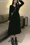 Vintage Dress Women Long Sleeve Solid Black Party Dress Female V-Neck Lace Midi Gothic Dress Autumn 2023 Office