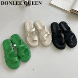 Wedge Slippers Female Slide Women Casual Flip Flops Brand Sandal 2023 Luxury Soft Flat Beach Shoes Green Sandalias