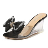 High Heels Summer Slippers Fashion Elegant Party Transparent Women Shoes Satin Big Bow Wedge Sandals 8CM Pink Pumps Size