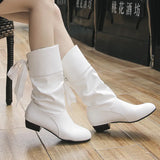 Size 35-43 Women Middle calf Boots Back Lace Up Low Heels Winter Shoes Black Botines White Botas Mujer Female Snow Boot