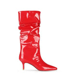 Women Mid-Calf Boots Sexy Solid Color Leather Folds Boots Pointed Toe Thin Heels Stiletto Party Shoes Large Size