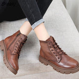 Women's Genuine Leather Ankle Boots Women Autumn Winter Lace Up Vintage Women Boots Flat Ladies Shoes Woman Botas