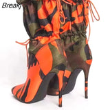 High Thin Heels Boots for Women 11cm Stilettos Fashion Camouflage Ankle Boots Woman Lace Up Sexy Chic Night Club