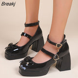 Sweet Girls Round Toe Knowknot Marry Janes Heels Women's Lolita Casual Pink JK Cute Buckle Spring Autumn Shoes