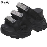Women's Slippers Rhinestone Slippers Fashion for Women Outside Wear Summer Slope Heels Thick Soled Sandals Shoes Woman