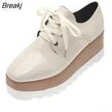 new Spring Casual Solid Flat Women Shoes Patent Leather Lace-Up Loafers Flat Platforms British Style Ladies