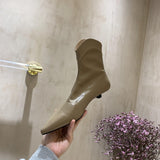 Pointed Toe Women's Leather Boots Sexy Stilettos High Heels Solid Color Low Heel Ankle Boots Zipper Short Bota