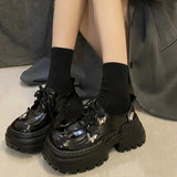 Leather Shoes Female College Style 2024 Early Spring New Square Head Thick-Soled Bow High-Heeled Retro Lace Casual