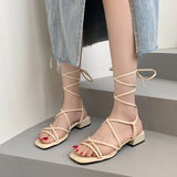 Open-toe Lace-up Sexy Comfortable Simple Sandals for Women 2023 New Summer Student Square Roman Women's