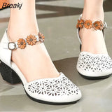 Genuine Leather Women Sandals Summer Shoes 5CM High Heels Retro Women Shoes 2022 Hollow Out