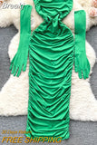 Sexy Women Strapless Backless Bodycon Dress Women Fashion Solid Slim Tight Fit Ruched Midi Party Dress with