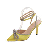 Stiletto Sandals, New Summer 2024 Crystal One-line Black Lace Rhinestone Bow 9cm High Heel Fashion Sandals,