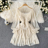 Elegant Women Chiffon Dress Fashion Spring Square Collar Long Sleeve Ruched High Waist Ruffles A-line Mini Party