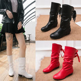 Size 35-43 Women Middle calf Boots Back Lace Up Low Heels Winter Shoes Black Botines White Botas Mujer Female Snow Boot