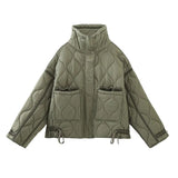Old Pocket Checkered Cotton Jacket Female Casual Stand Collar Zipper Cotton-padded Thin Coat Female Restro
