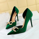 Breakj 79 Banquet Women's Shoes High Heel Suede Shallow Tip Side Hollow Water Diamond Buckle Pearl Bow Single