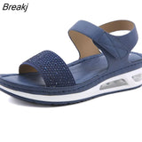 New Womens Sandals Fashion Air Cushion Soft Casual Flat Sandals Retro Wedge Platform Large Size Rhinestones Sandalias