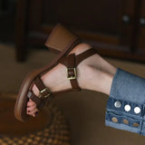 Sandals Female Middle Heel 2024 Summer Real Soft Leather Waterproof T-Shaped Buckle With Open-Toed High