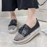 43 Luxury Crystals Round Toe Flats Women Pink white Bordered Fringe Platform Casual Female Rhinestone Women Shoes
