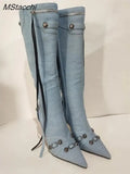 New Metal Rivet Women High Knee Boots Pointed Toe Thin Heels Designer Shoes Party Tassels Zipper-Sid Long Botas De