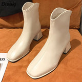 Winter Women's Boots Square Toe Solid Pu Leather Fashion Ankle Shoe Ladies Black Heels Outdoor Party Women High