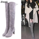 Women Thigh High Boots Fashion Suede Leather High Heels Lace Up Female Over The Knee Boots Plus Size Shoes Knee High