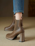 Women Ankle Boots Thick High Heels Round Toe Shoes Woman Zipper Elegant Genuine Leather Autumn