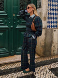 Plaid Print 2 Piece Sets Women Elegant Long Sleeve Ruffled Casual Shirts And Trousers Set High Street Ladies