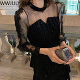 Winter Evening Party Dress Women Lace Design Korean Fashion Vintage Y2k Midi Dress Long Sleeve Black Cupcake Dress