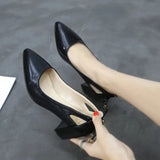 Summer Large Size Thick Heel High Heel Women's Shoes Professional Shallow Mouth Pointed Black Bow Sandals