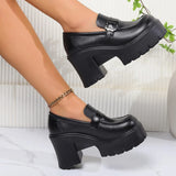 Black Chunky Heels Pumps Women Pu Leather Platform Loafers Woman Fashion Metal Buckle High Heels Dress Shoes Mary