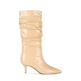 Women Mid-Calf Boots Sexy Solid Color Leather Folds Boots Pointed Toe Thin Heels Stiletto Party Shoes Large Size