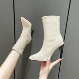 Fashion Elastic Socks Boots Women's High Heels Knitted Socks Boots Slim Women's Pointed Toe Autumn and Winter Nude
