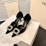 Toe Women Pumps 2023 New Arrivals Crystal Buckle Slip On Thin High Heels Black White Pink Dress Shoes Woman Size