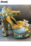 Women Chunky High Heels Shoes Platform Sandals For Women Rhinestone Metallic Gold Leather Shoes Woman Peep Toe Wedding
