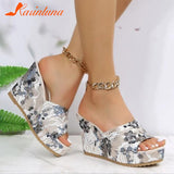 Dropship Platform Wedges Mules Sandals 2023 Summer New Floral Pattern Slide Sandals Comfy Beach Shoes Outside Slider