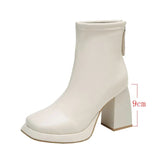 Women Ankle Boots Platform Square High Heel Ladies Short Boots Patent PU Leather Round Toe Women's Boots