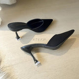 Women High Heels Solid Flock Slippers Mules Pointed Toe Fog Black Slides Women Home Slip On Flip Flops Heels 6CM/9CM Half
