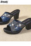 Fashion High Square Heels Slides Women Shining Crystal Platform Sandals Woman Slip on Rhinestone Slippers