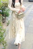 Summer Fairy Pure Color Midi Dress Woman Beach Style Long Sleeve Elegant Dress Casual Party Korean Fashion Dress