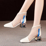 NEW Mesh Sandals Boots Women Mesh Ankle Boot for Summer Mid Heel Rhinestone Ponited Toe Shoes Hollow Out Back Zip